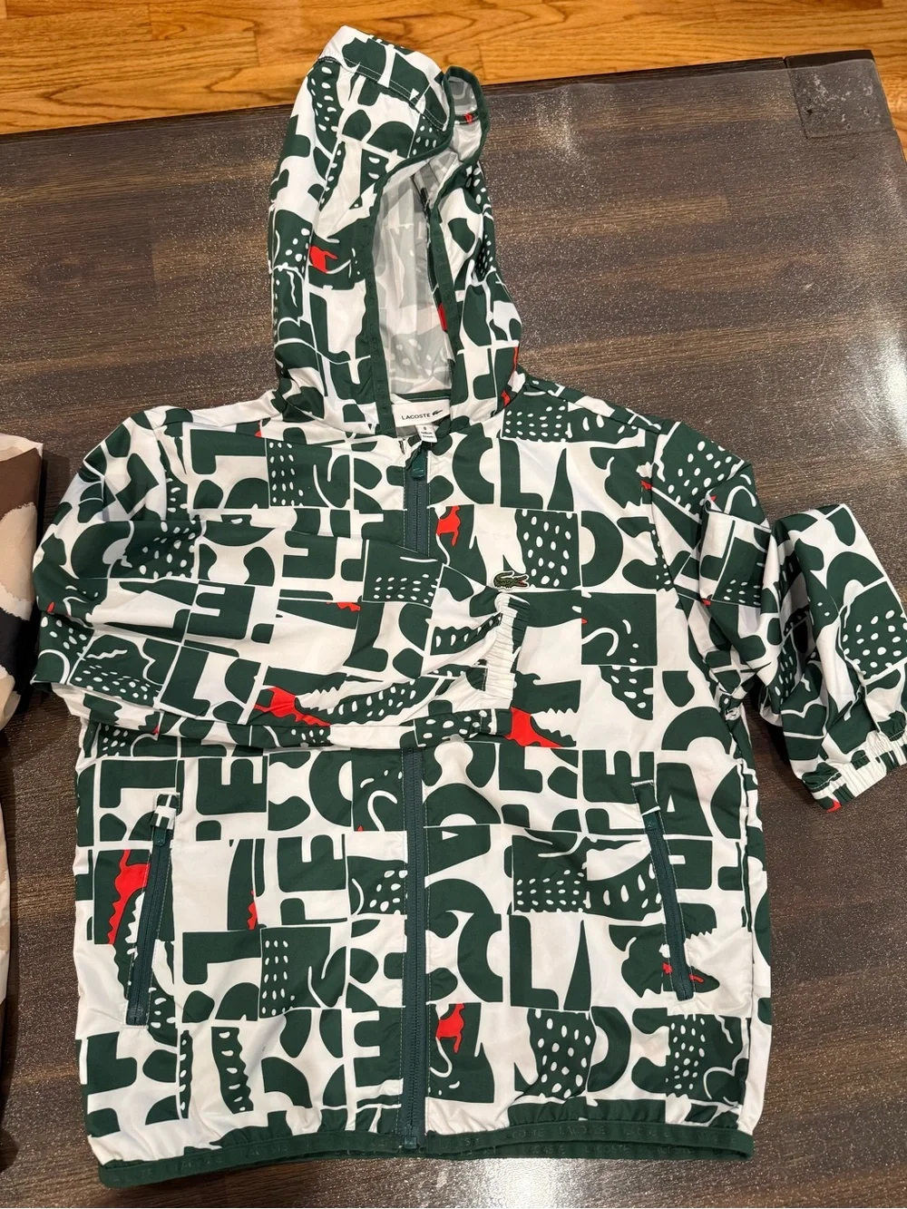 Lacoste Green, White & Red Logo-Print Hooded Raincoat